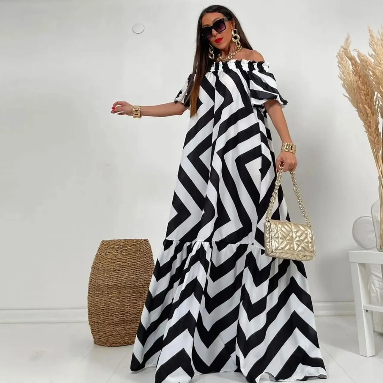 Striped Off Shoulder Midi Maxi Dress for Women