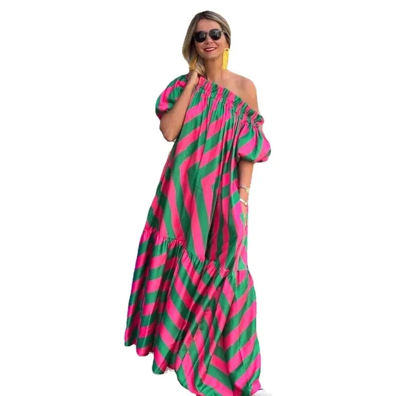 Striped Off Shoulder Midi Maxi Dress for Women