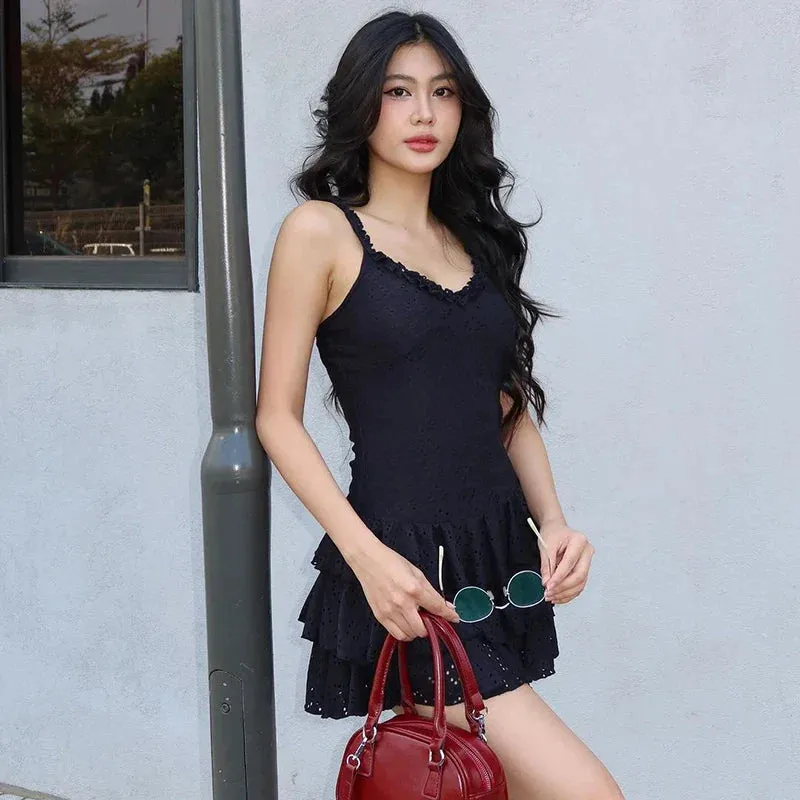 V-Neck Fashion Pleated Sexy Sleeveless Straps A-Line Streetwear Casual Slim Mini Solid Dress