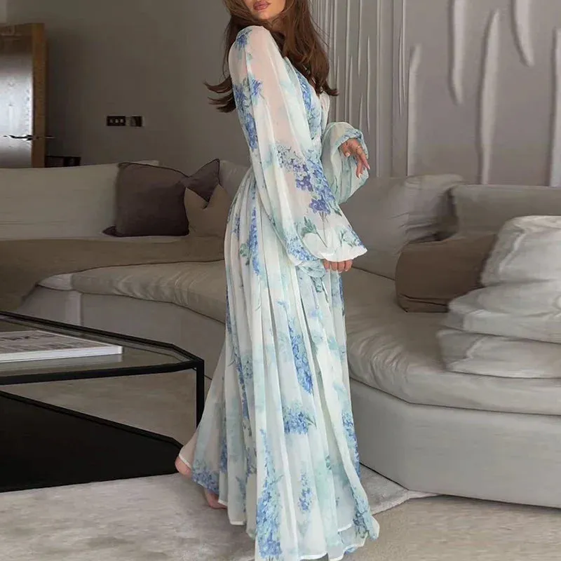 Waist Pleated Spring Printed Chiffon Elegant V-neck Long Sleeve Party Mujer Summer High Dress