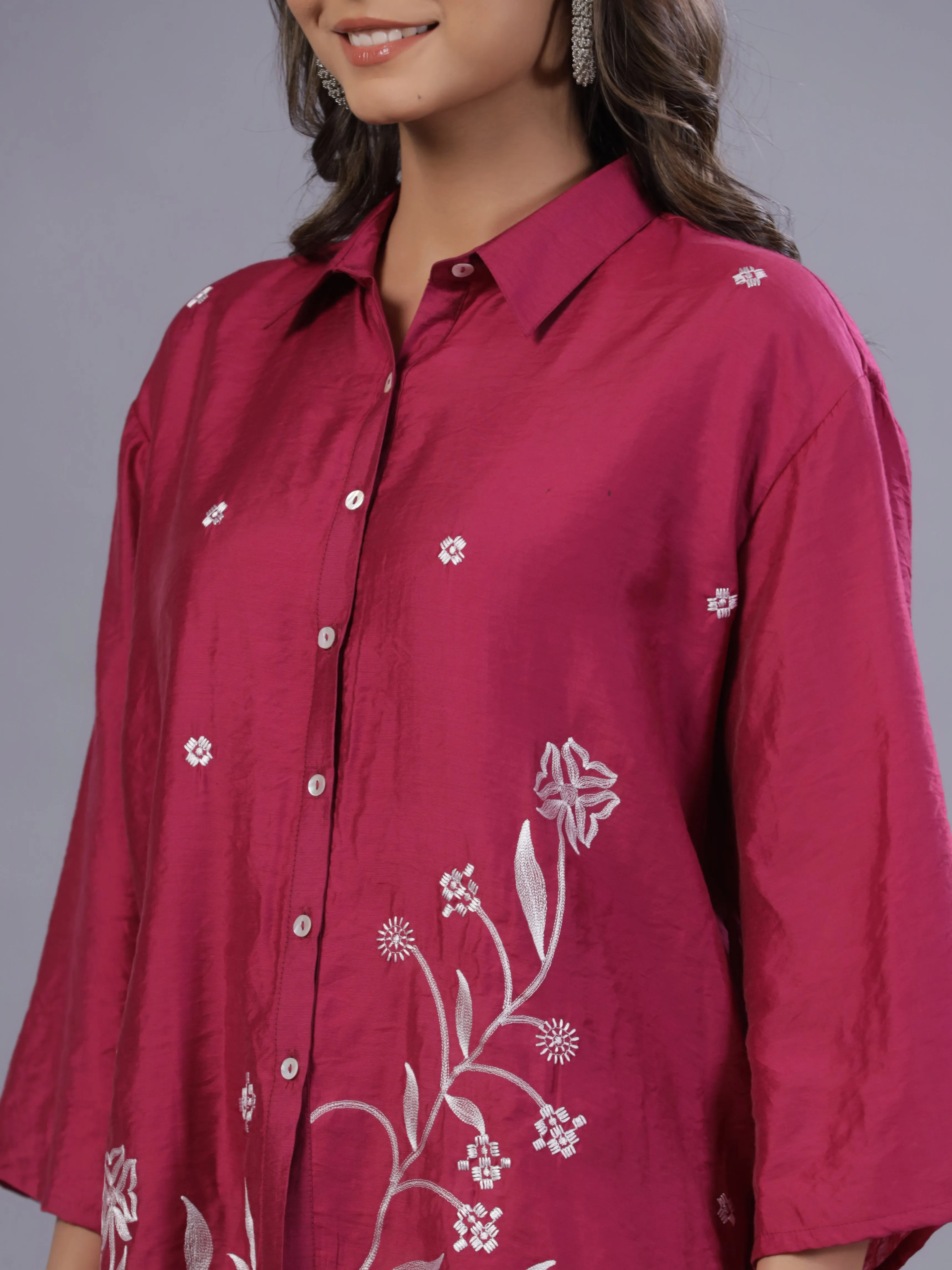 Women Fuchsia Chanderi Embroidered Clothing Set