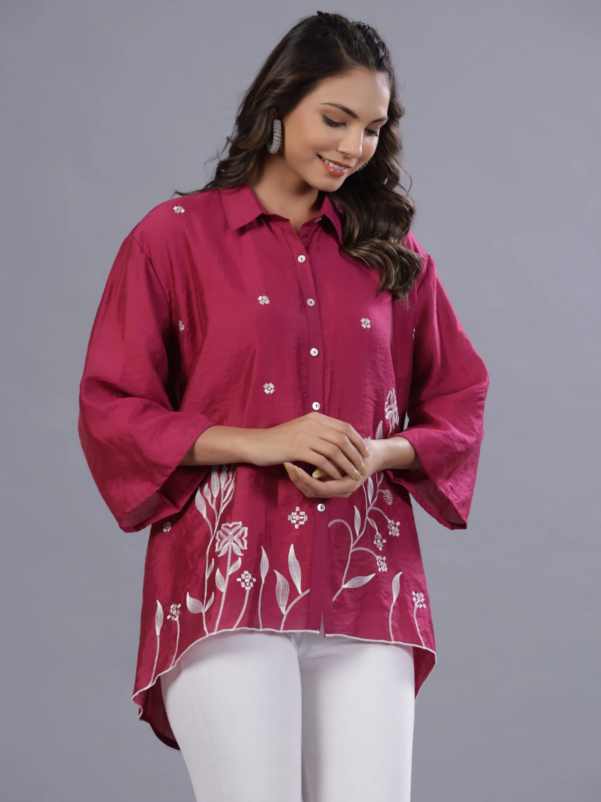 Women Fuchsia Chanderi Embroidered Clothing Set