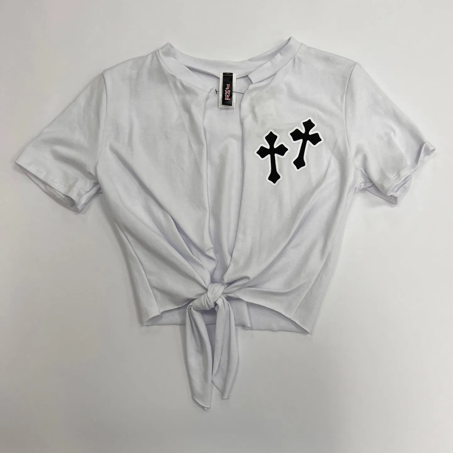 Women's Tie Front Knot Cross Print T-Shirt